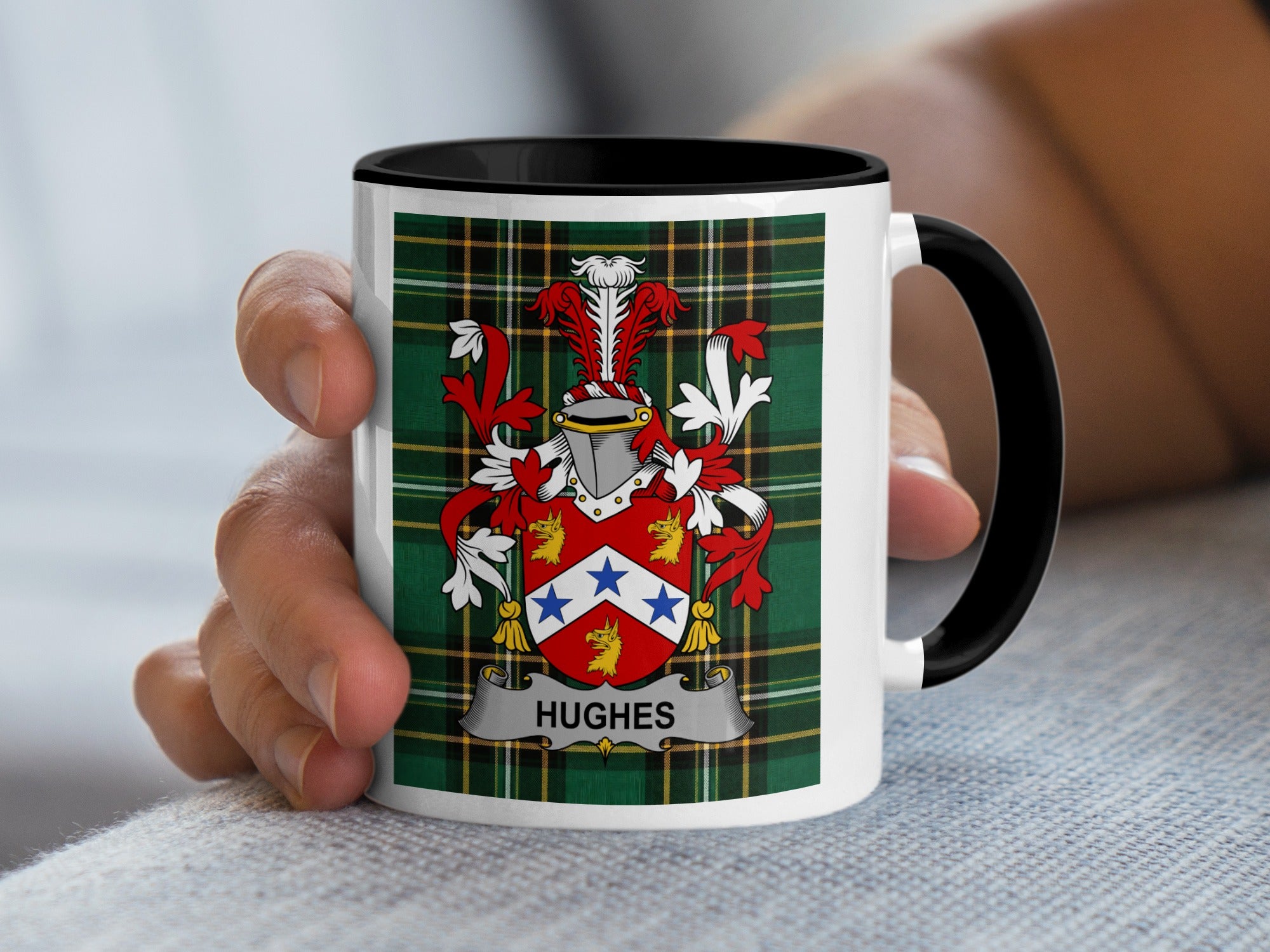 Hughes Irish National Tartan mug with family crest emblem