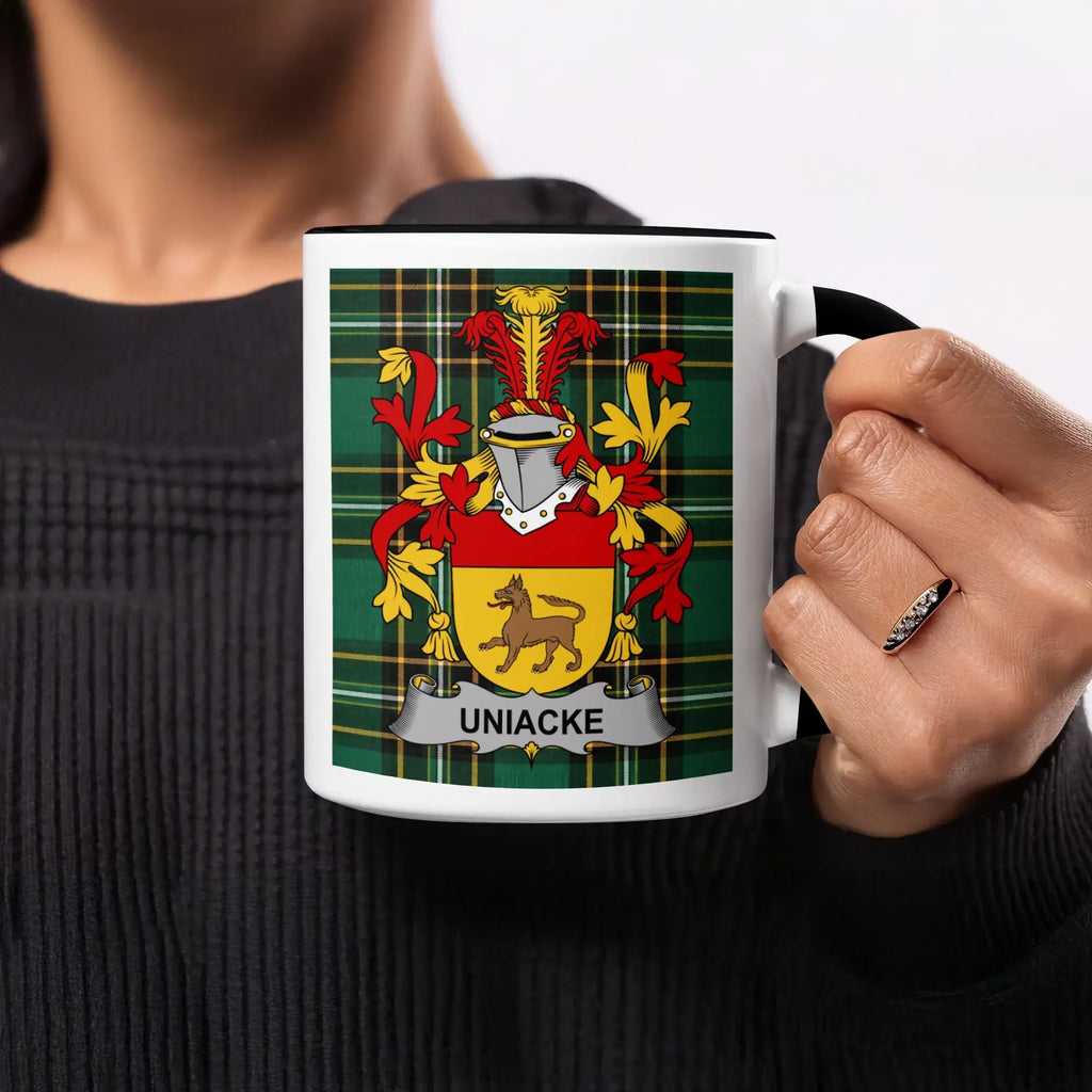 Mug featuring the Uniacke family crest on a tartan background.