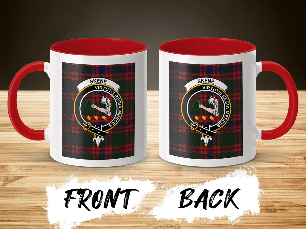 Clan Skene virtutis regia merces clan crest tartan mug — red handle