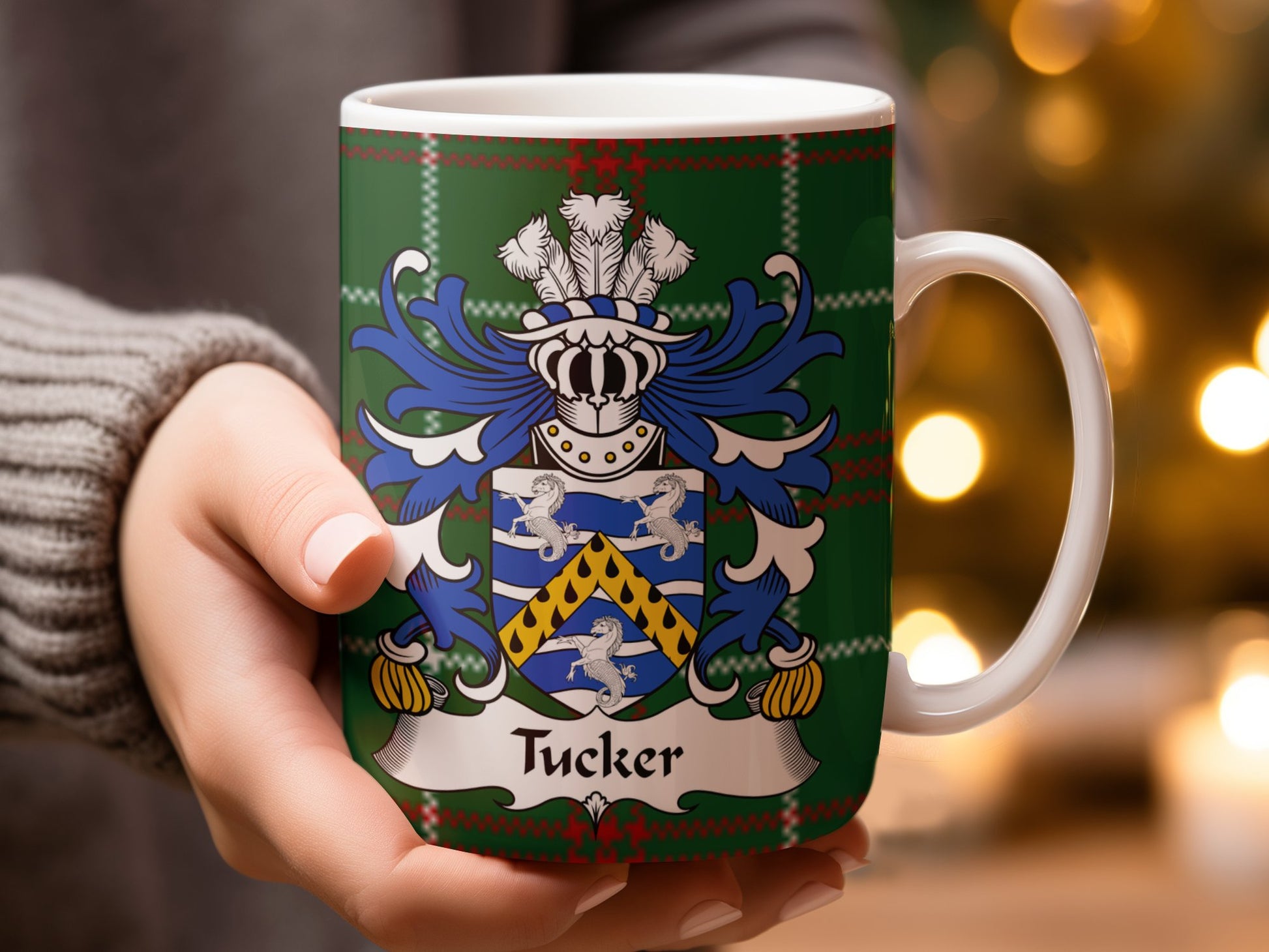 Tucker Surname Coat of Arms on Welsh Tartan Background Mug - Living Stone Gifts