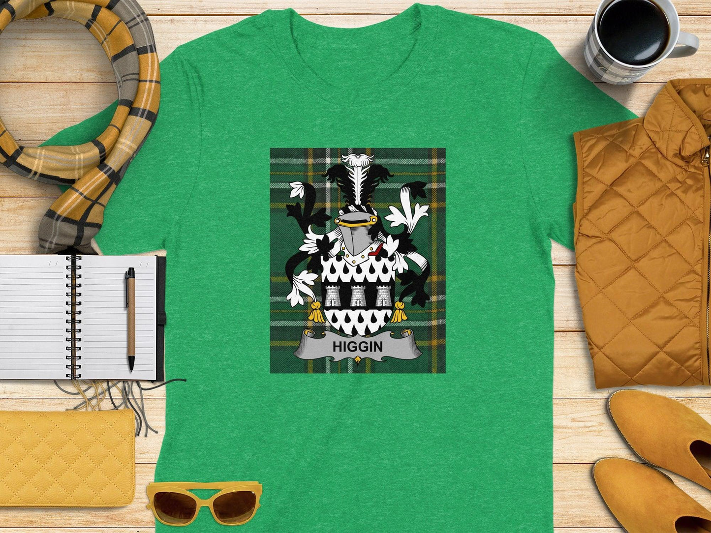 Higgin Irish Family Crest on National Tartan T-Shirt - Celtic Ancestry Gifts