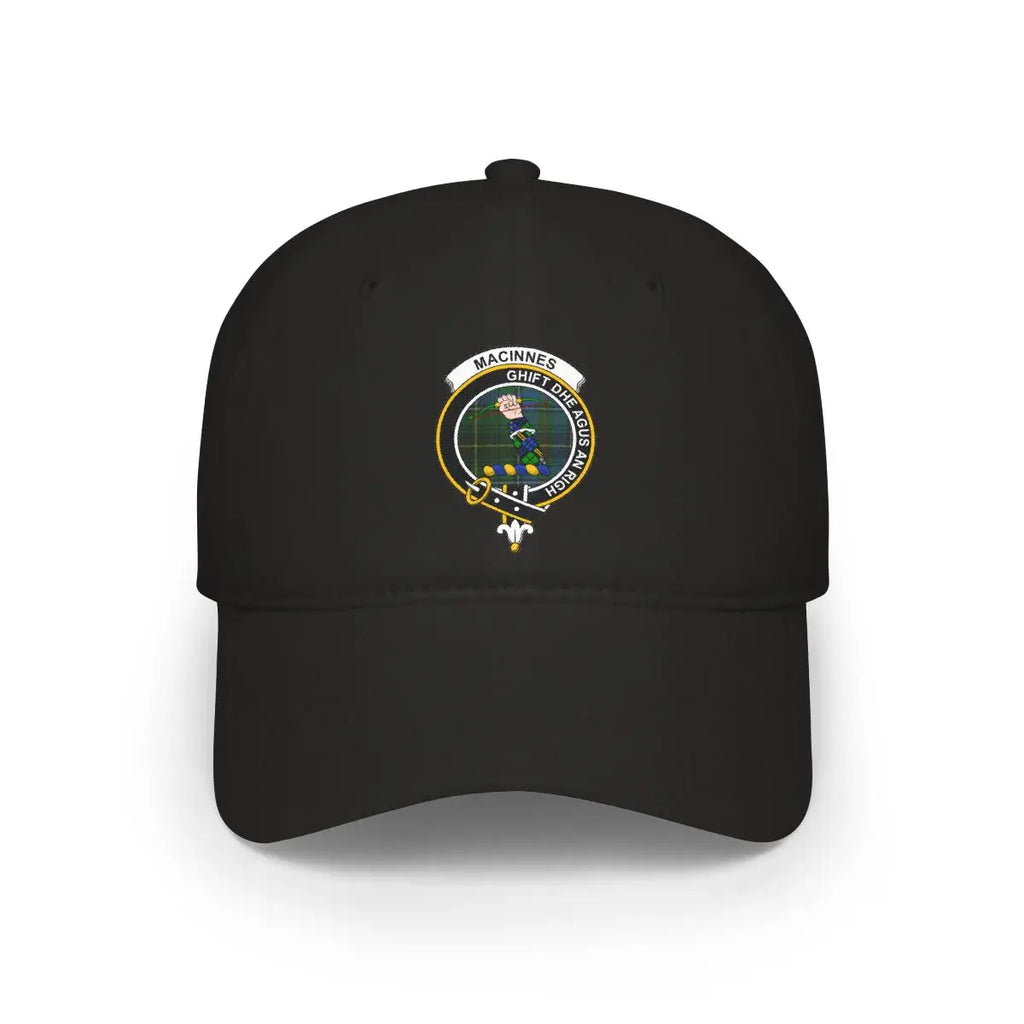 MacInnes clan crest printed on front panel of cotton cap — Ghìft Dhe Agus An Righ close-up