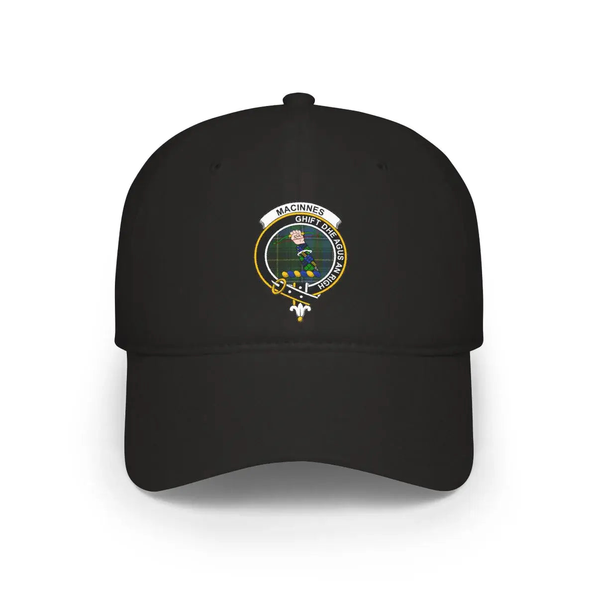 MacInnes clan crest printed on front panel of cotton cap — Ghìft Dhe Agus An Righ close-up