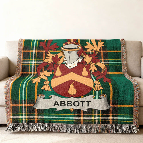 Abbott family name woven cotton blanket in Irish National Tartan with fringed edges