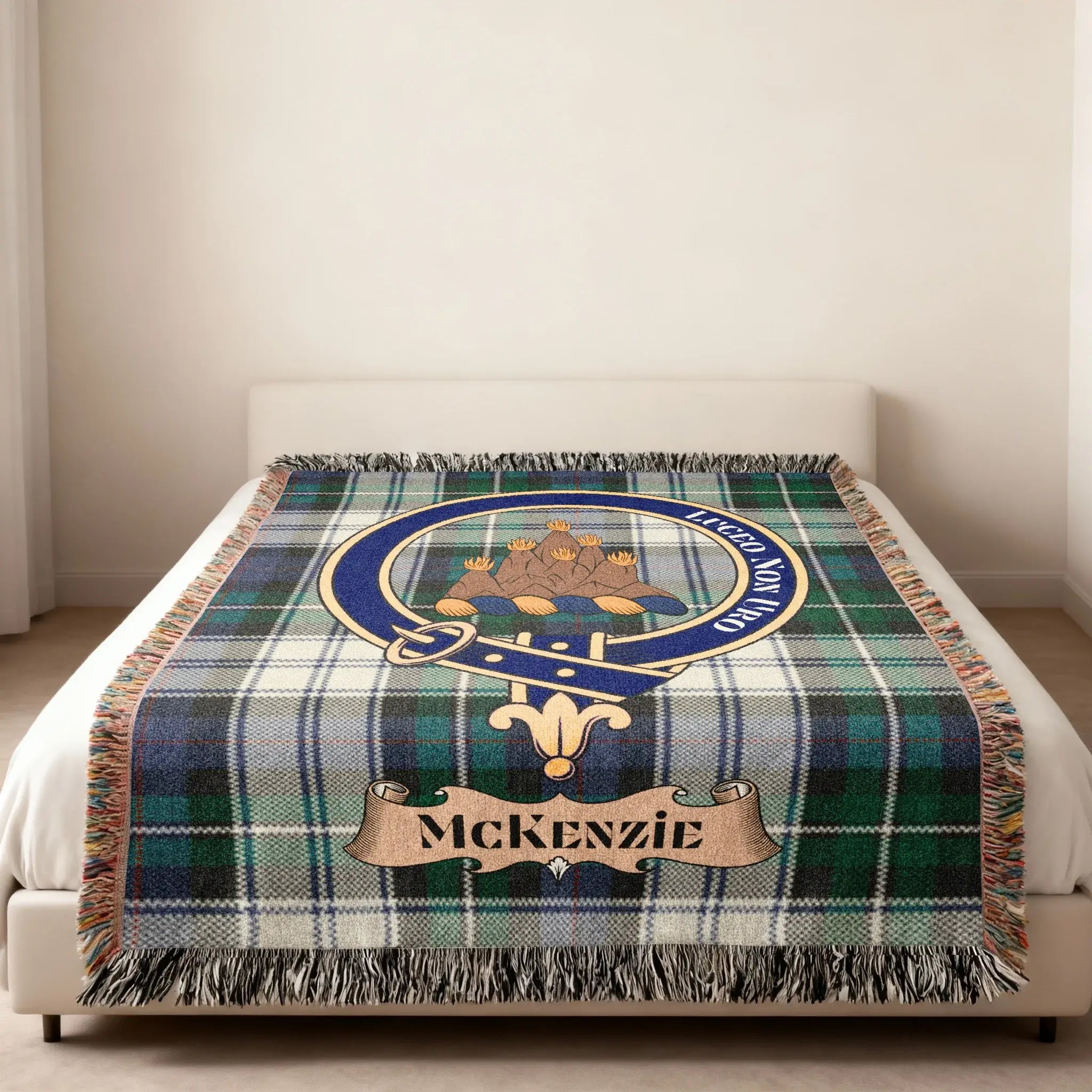 MacKenzie clan crest tartan pattern woven blanket — I Shine Not Burn heraldic design in cotton weave