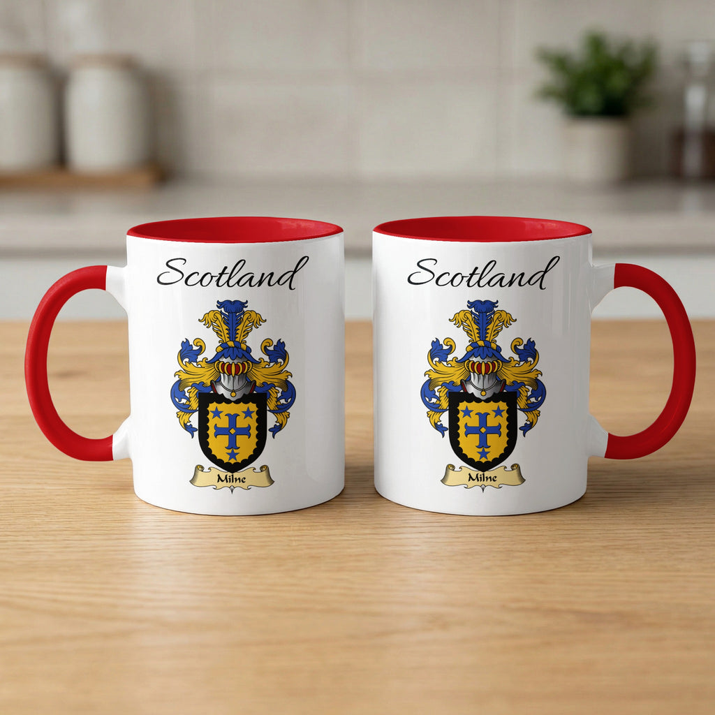 Red-accent Milne Scottish family crest mugs with Scotland above the heraldic shield