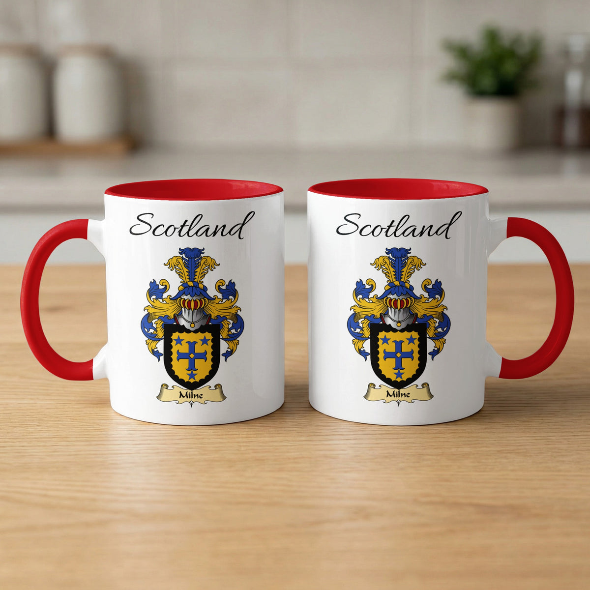 Red-accent Milne Scottish family crest mugs with Scotland above the heraldic shield
