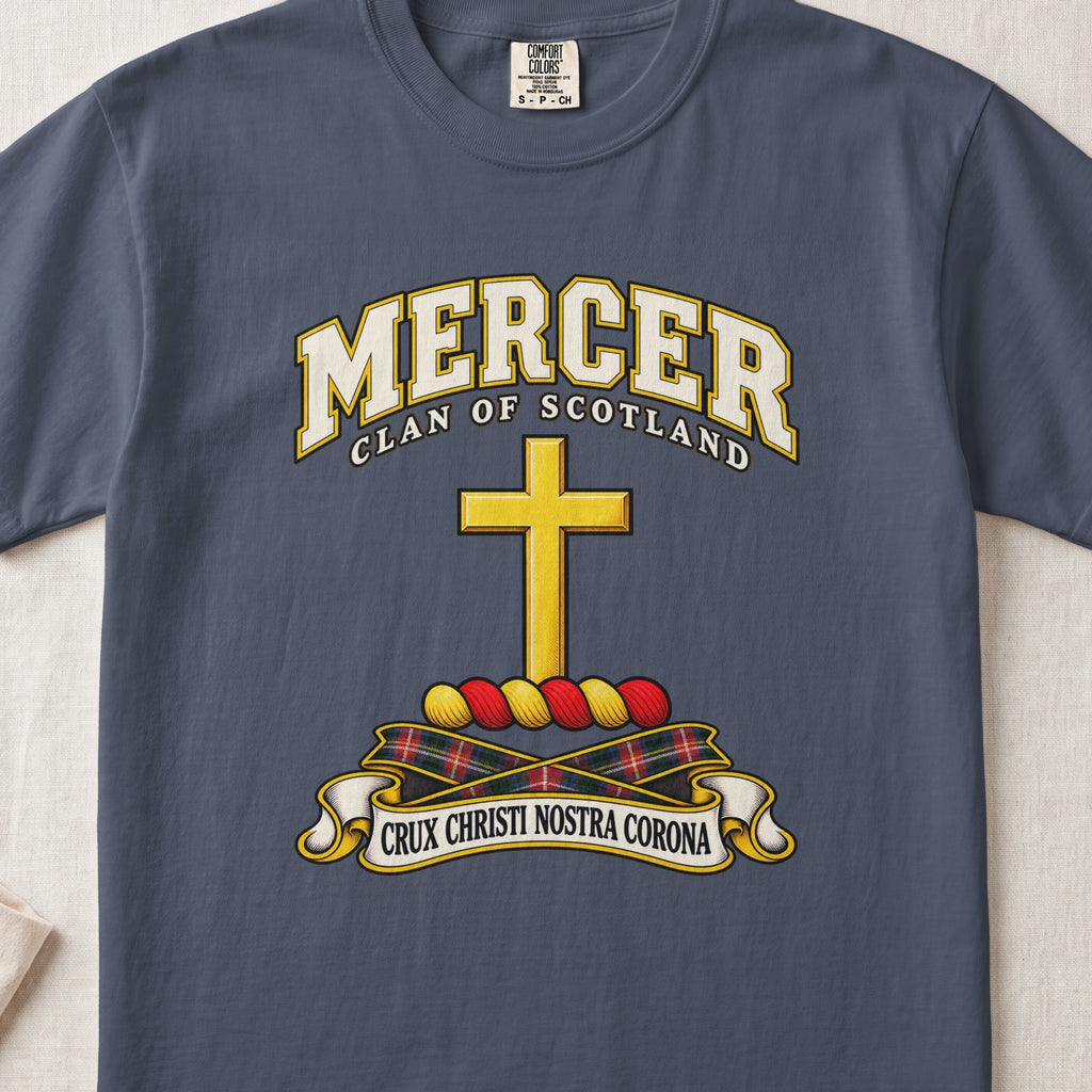 Mercer Scottish clan T-shirt in Midnight, front view with a golden cross and motto design.