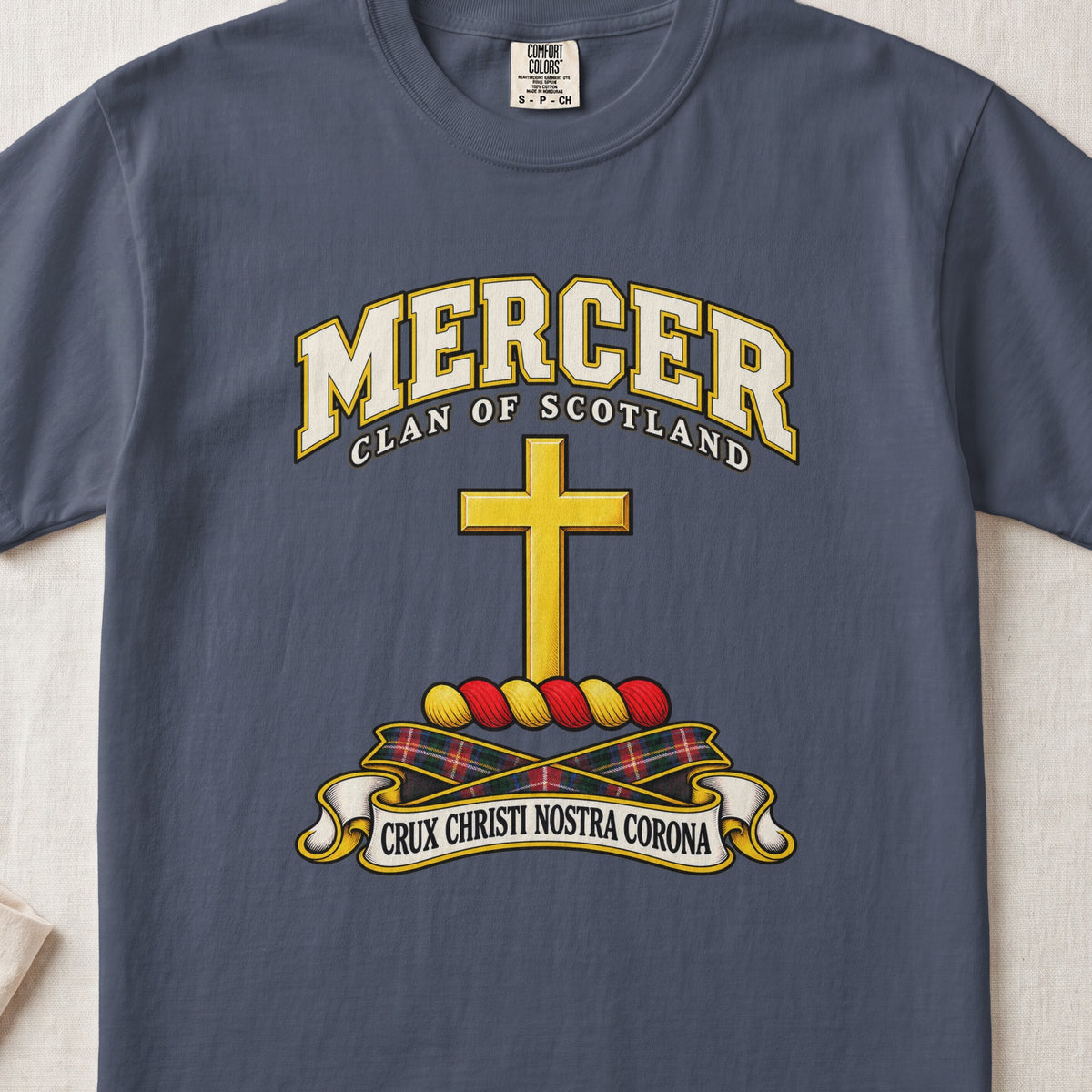 Mercer Scottish clan T-shirt in Midnight, front view with a golden cross and motto design.