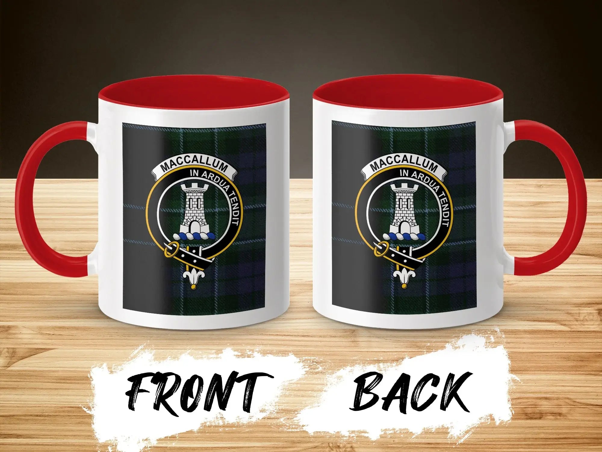 MacCallum tartan crest accent mug with red handle and interior — 11 oz ceramic