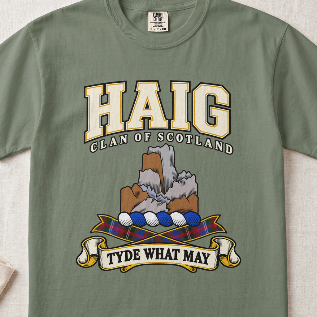 Haig Scottish clan graphic T-shirt in Moss, front view