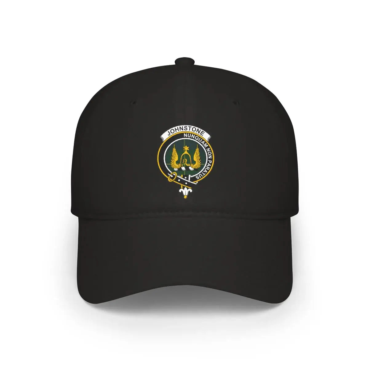 Johnstone clan crest tartan cap — 100% cotton with Nunquam Non Paratus heraldic design