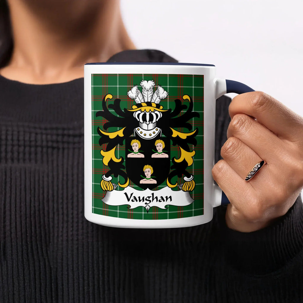 Vaughan Welsh ancestry gift mug with green Welsh National Tartan and heraldic family crest
