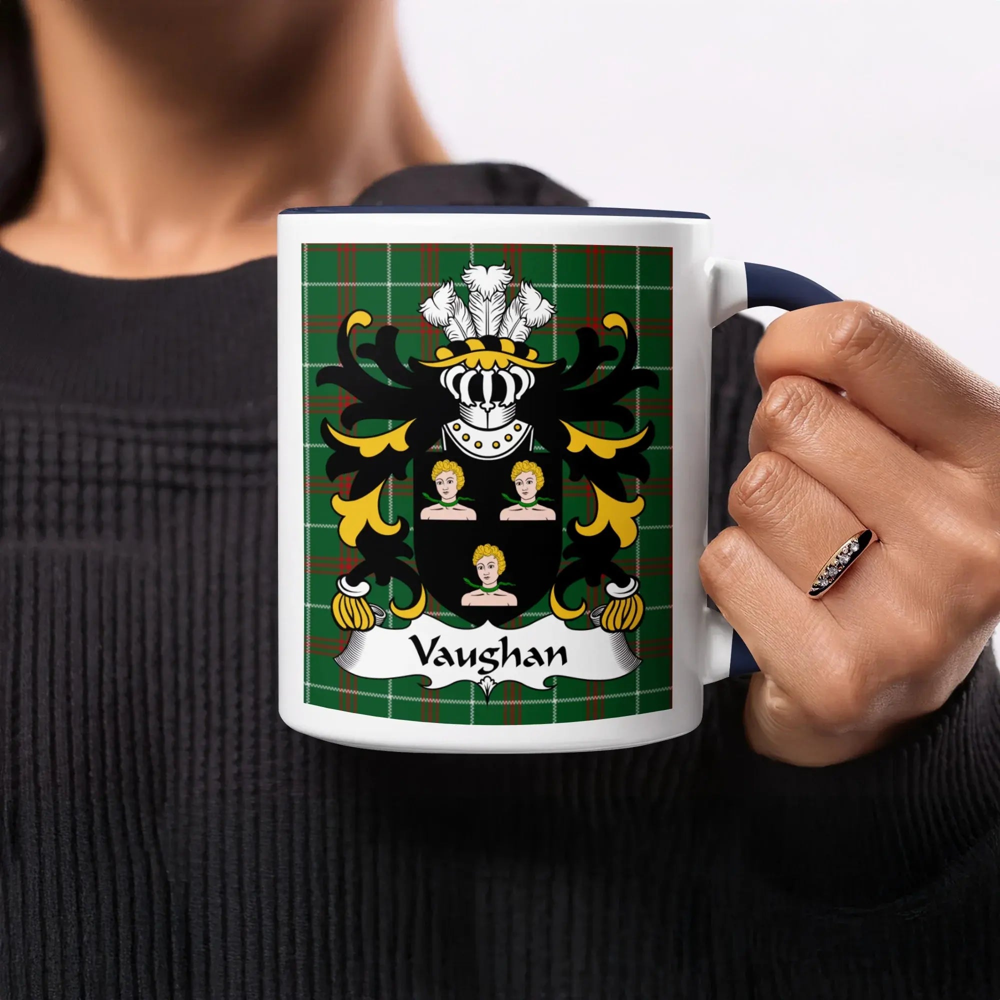 Vaughan Welsh ancestry gift mug with green Welsh National Tartan and heraldic family crest