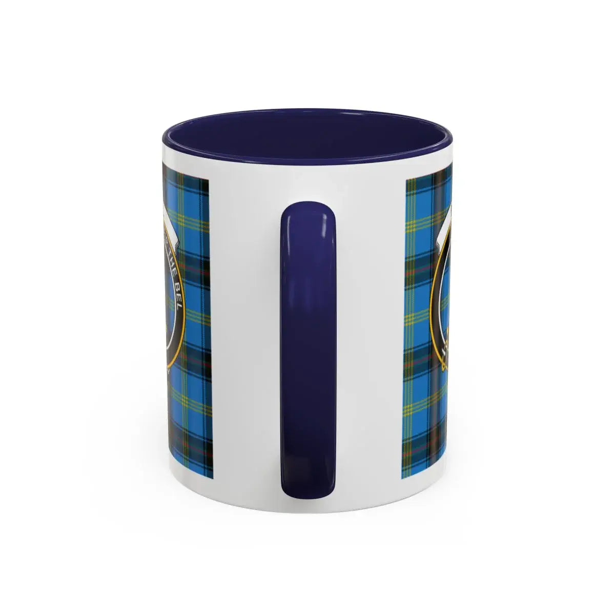 Bell clan crest tartan mug showing design detail — glossy ceramic, 15oz with navy interior
