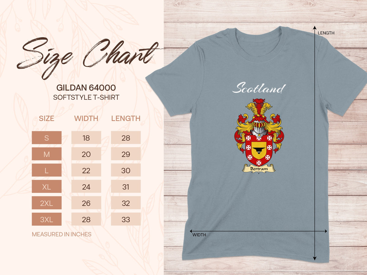 Gildan 64000 size chart for Bertram Scottish family shield T-shirt