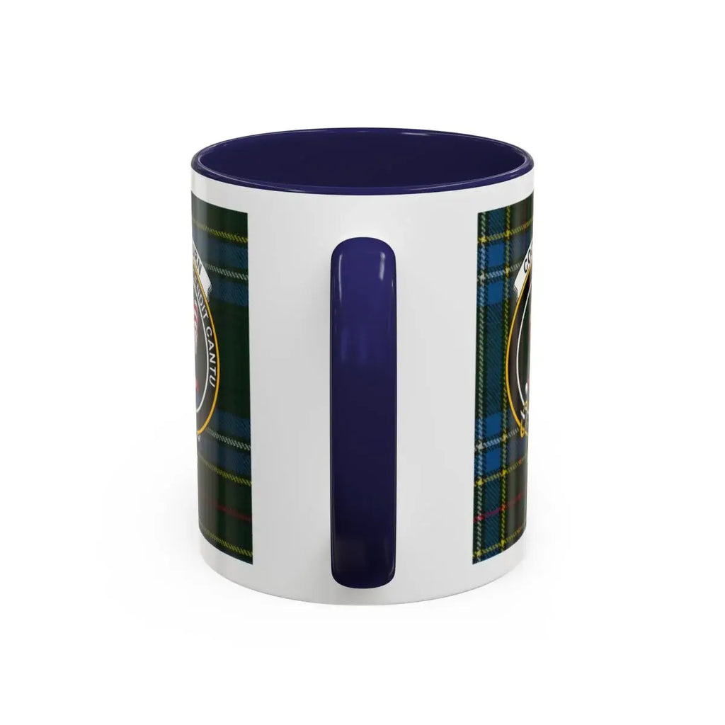 Clan Cockburn tartan plaid rooster crest ceramic mug — blue handle