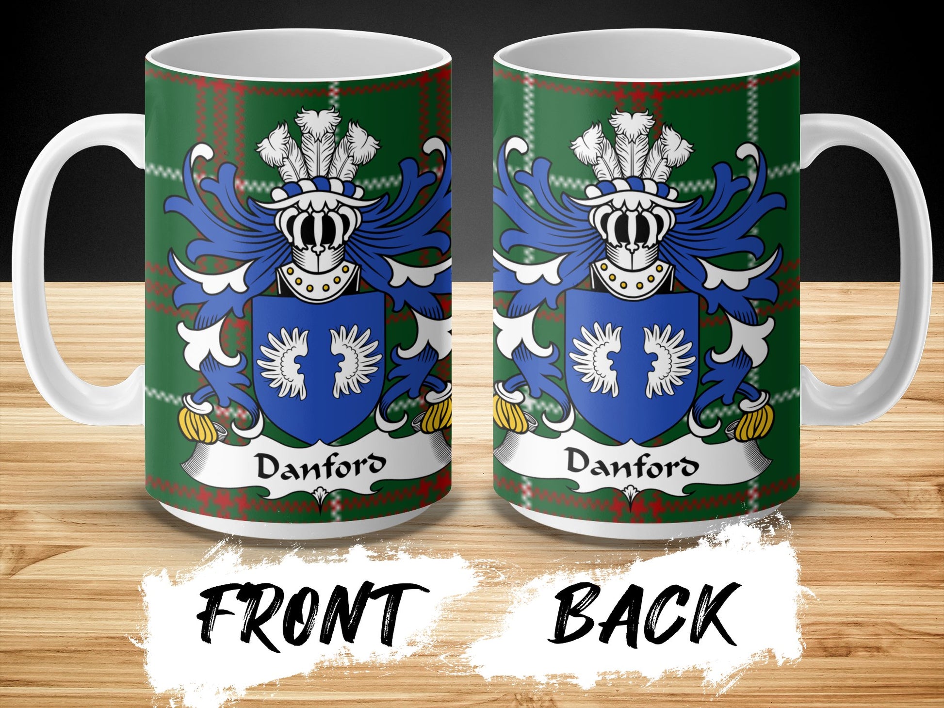 Danford Surname Coat of Arms on Welsh Tartan Mug - Living Stone Gifts