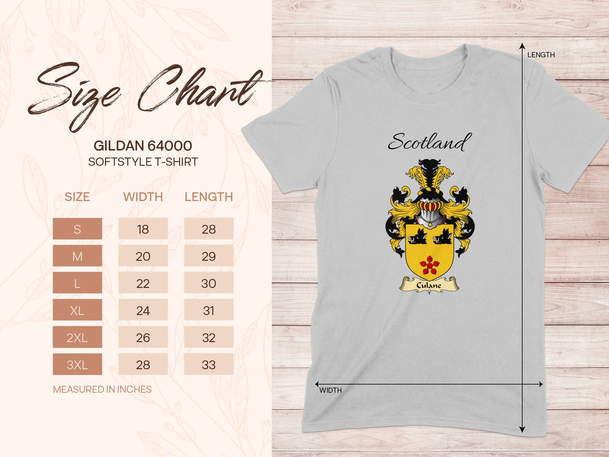 Gildan 64000 size chart for the Culane unisex T-shirt, sizes S to 3XL