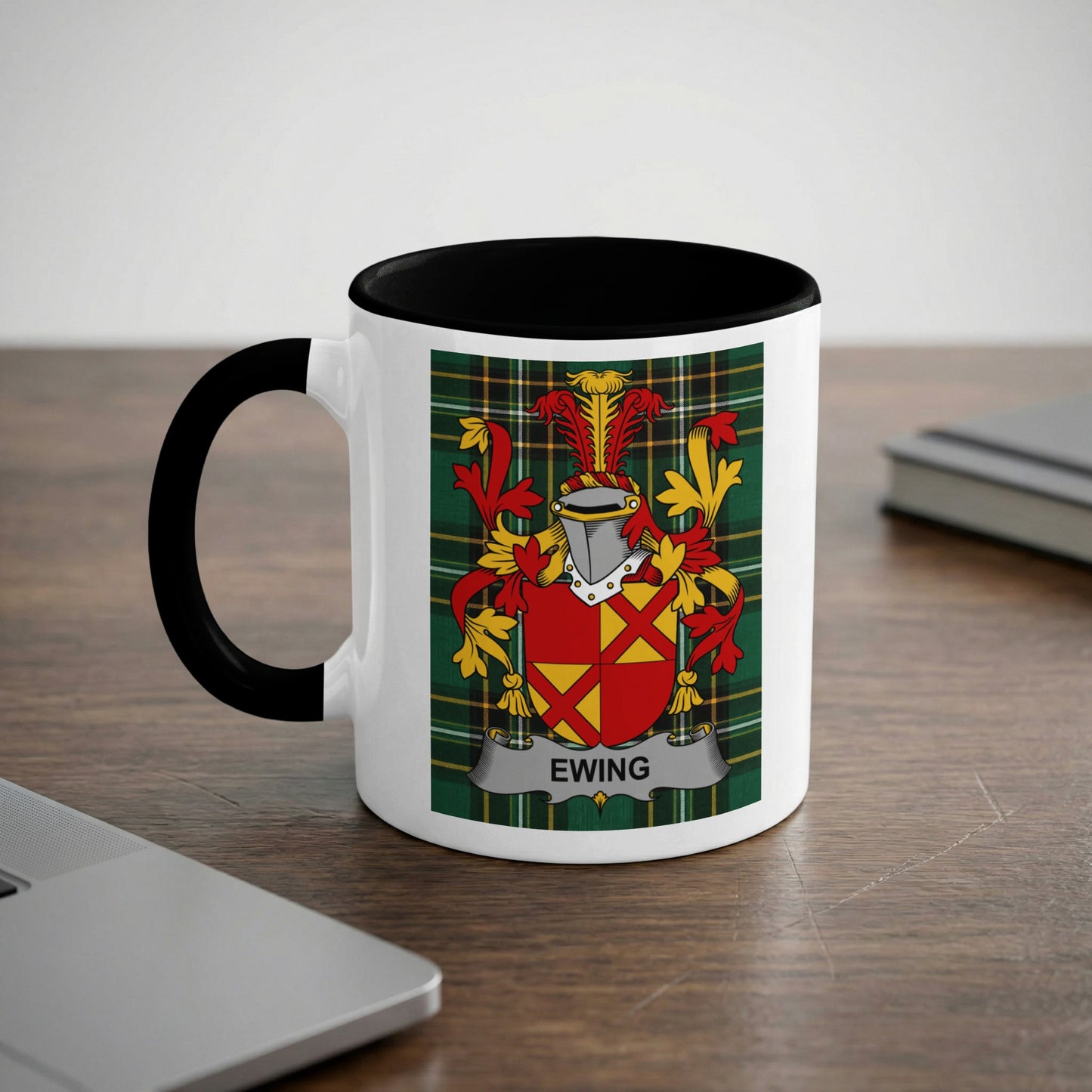White mug with black handle featuring a family crest with the name "Ewing".