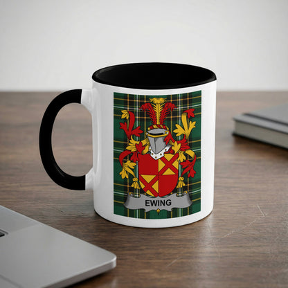 White mug with black handle featuring a family crest with the name "Ewing".