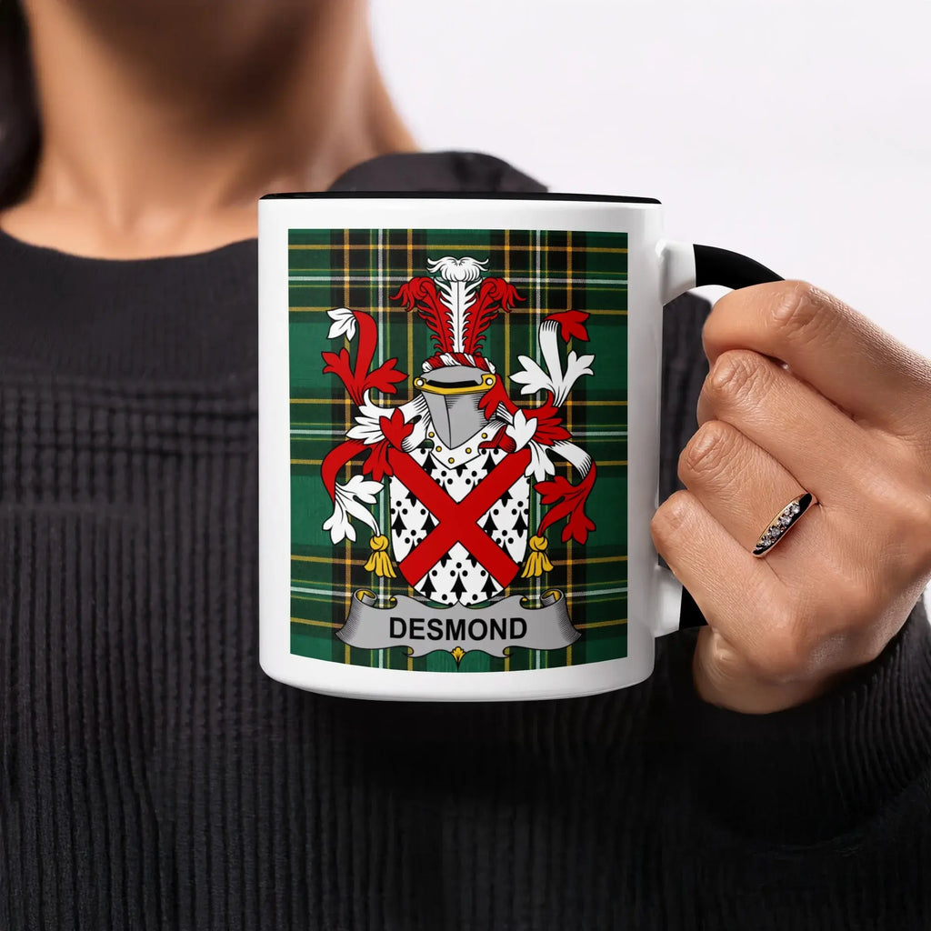 Mug with Desmond family crest on green plaid background.