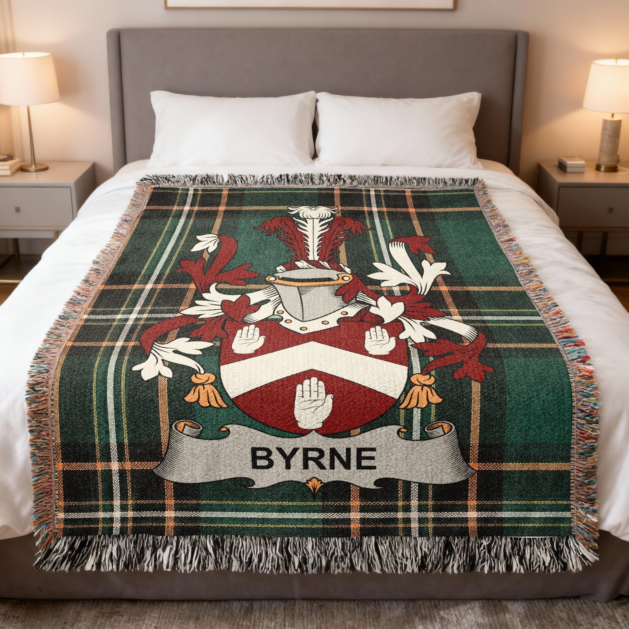 Byrne Irish heritage woven blanket with family crest emblem