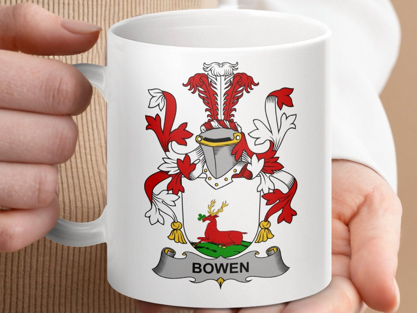 Bowen Family Crest Red Deer Emblem Ceramic Mug - Celtic Ancestry Gifts