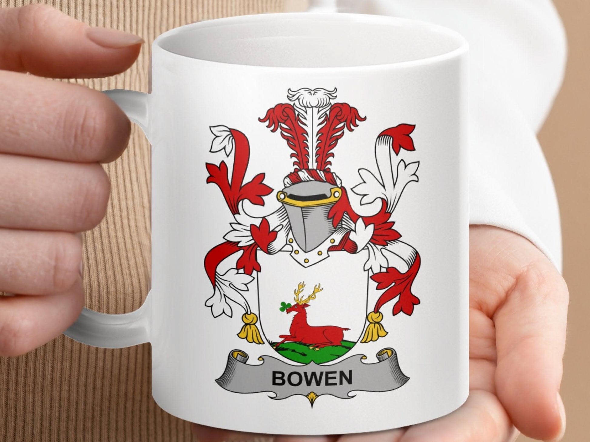 Bowen Family Crest Red Deer Emblem Ceramic Mug - Celtic Ancestry Gifts