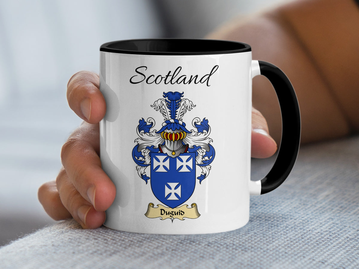 Duguid family shield and Scotland lettering on a white accent mug with black handle