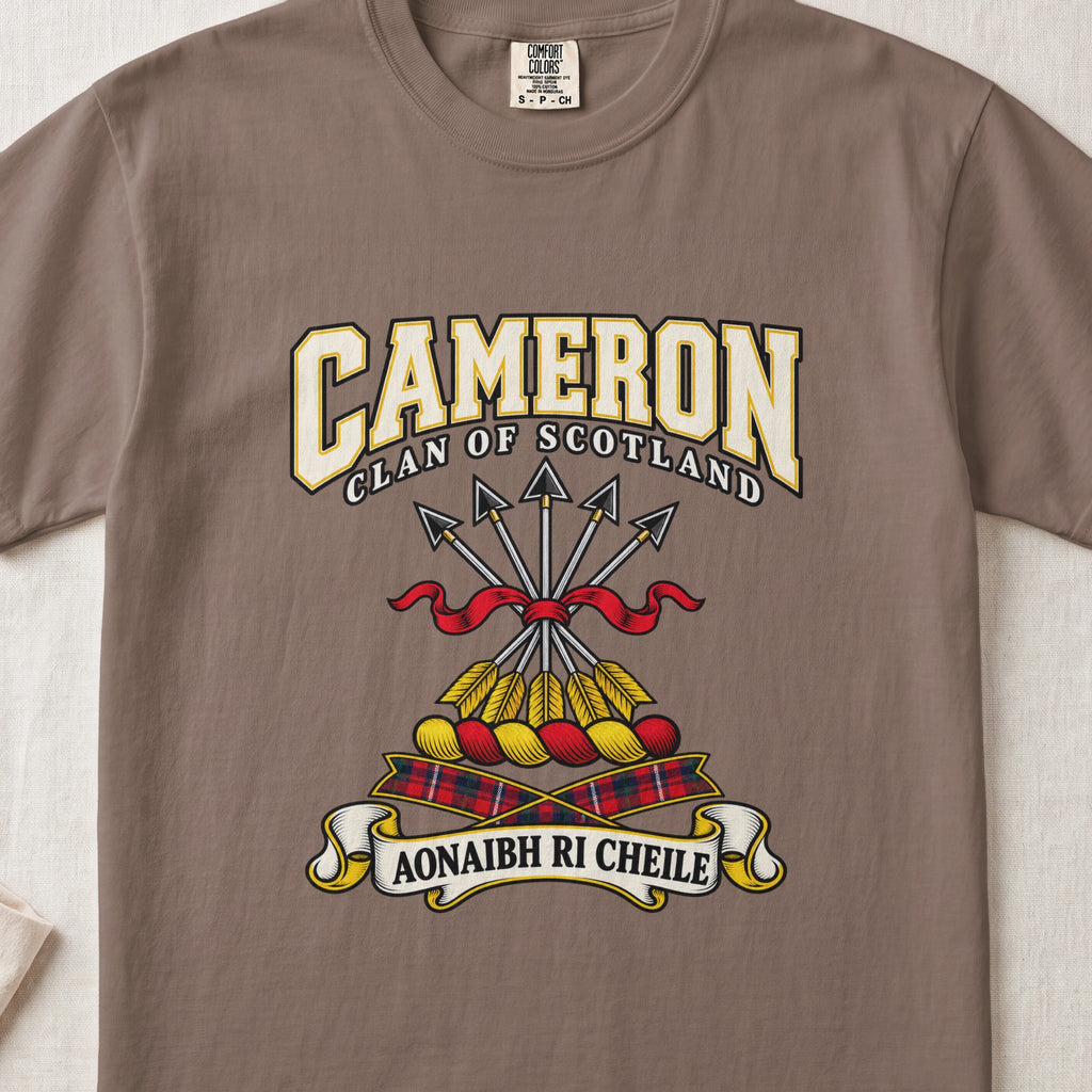 Cameron graphic T-shirt in Espresso brown, front flat lay showing varsity lettering and five arrows tied with red ribbon.