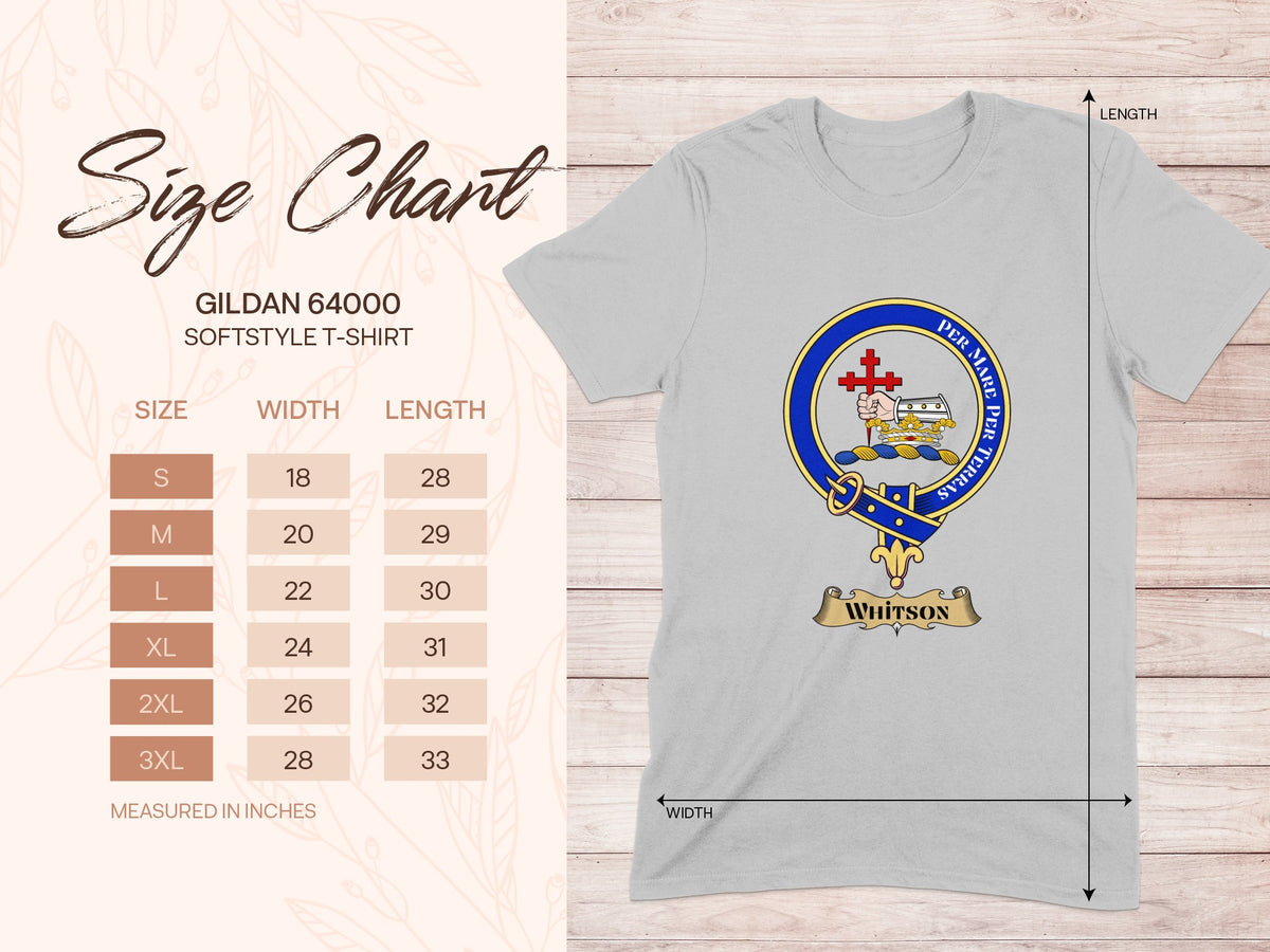 Gildan 64000 size chart for Whitson Scottish clan crest T-shirt
