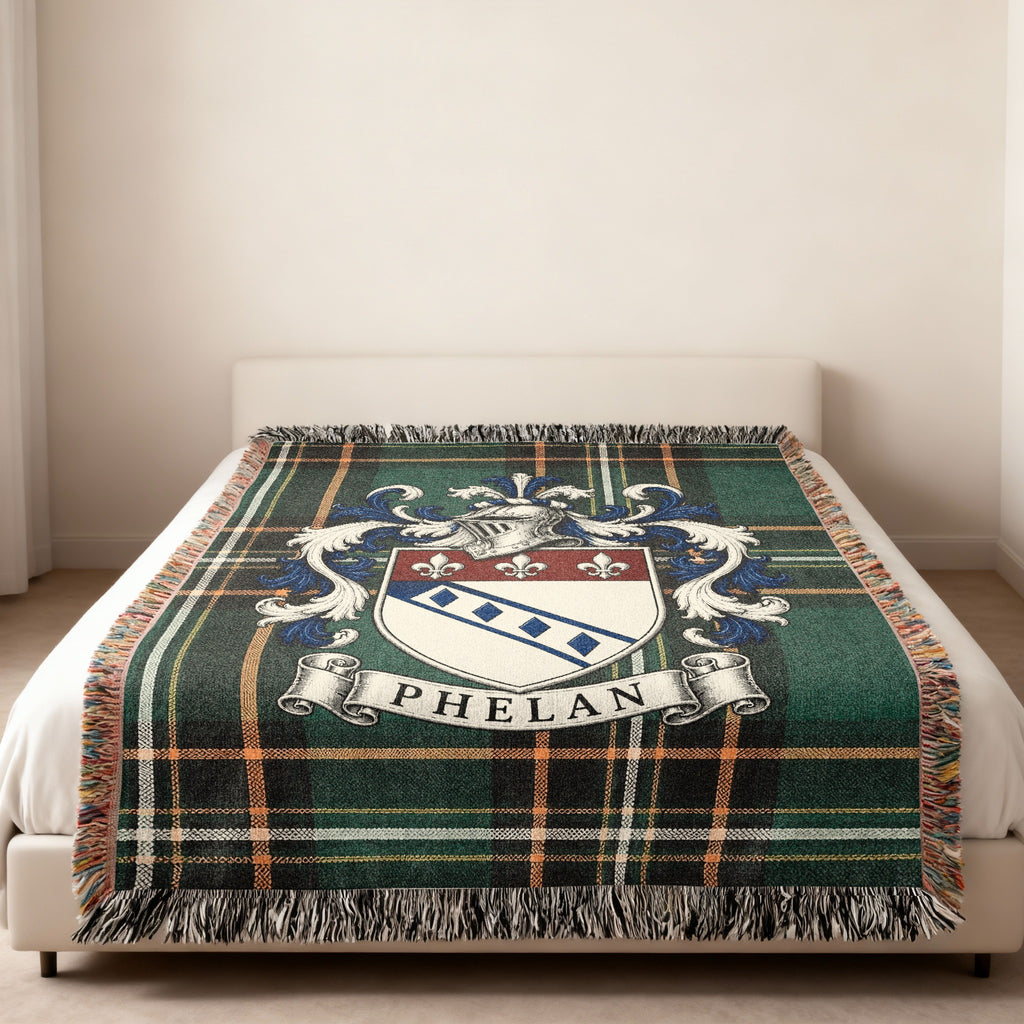 Phelan Irish National Tartan family crest woven throw displayed in a home setting