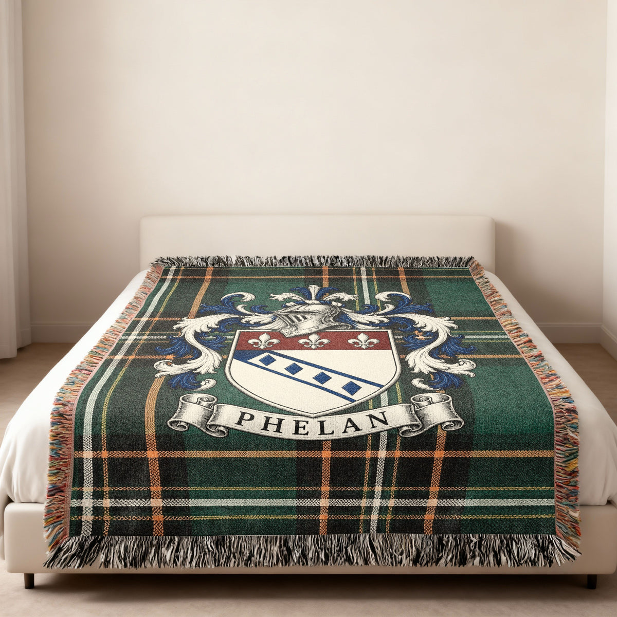 Phelan Irish National Tartan family crest woven throw displayed in a home setting