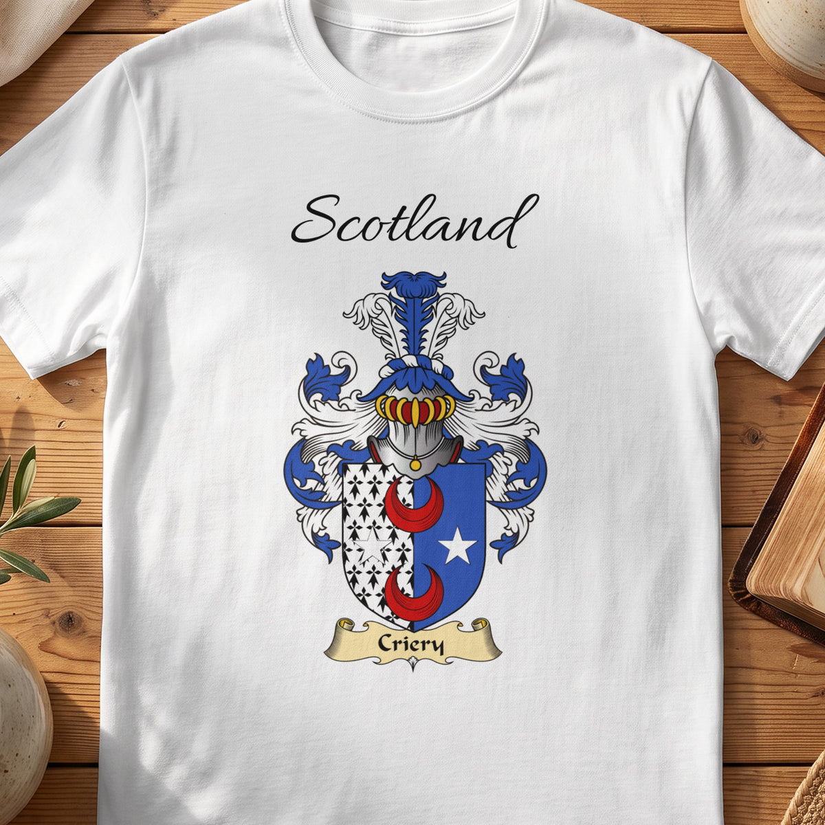 White Criery Scottish family shield T-shirt featuring red crescents beside a white patterned panel