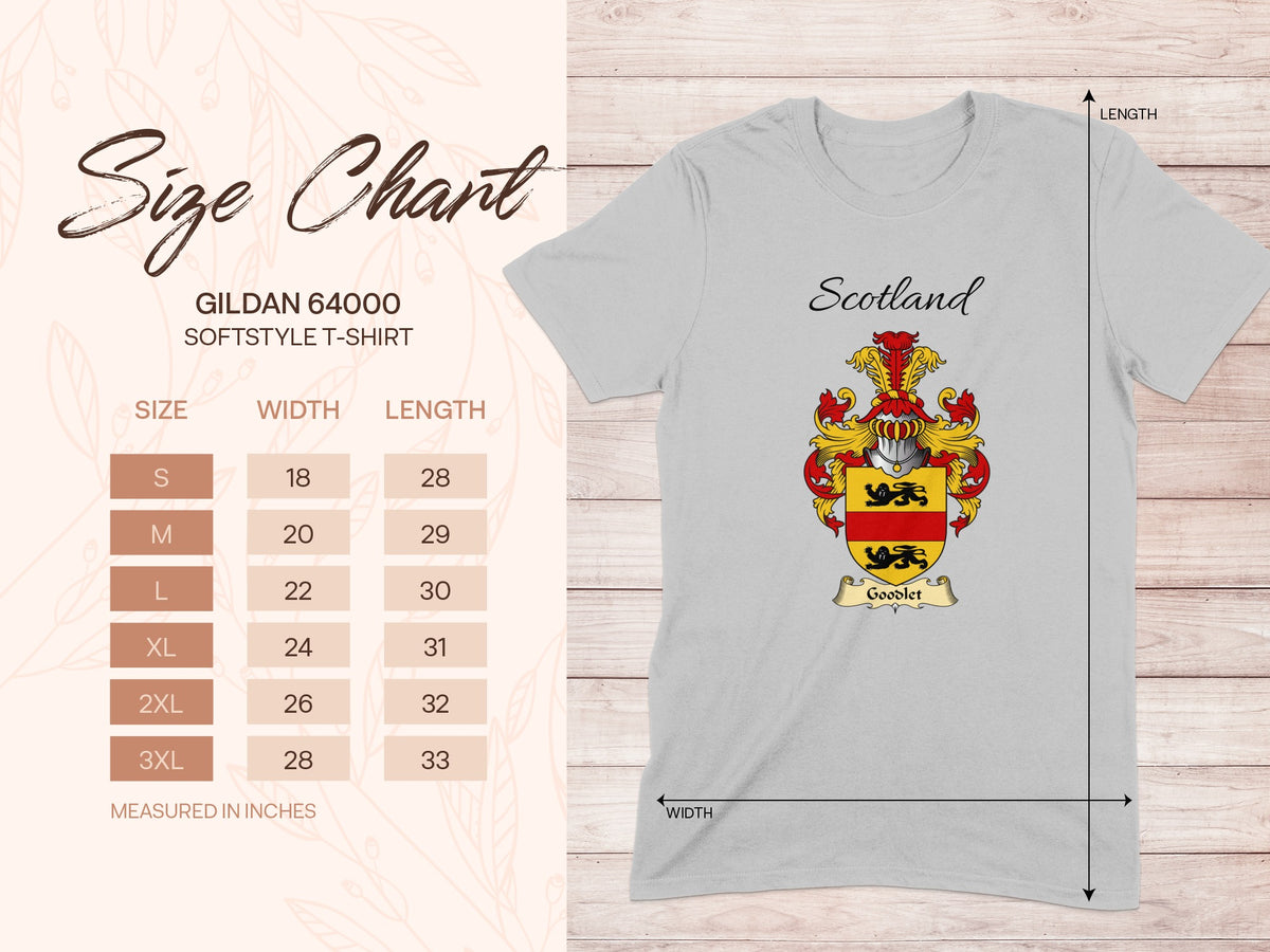 Gildan 64000 size chart for the Goodlet unisex T-shirt, sizes S to 3XL