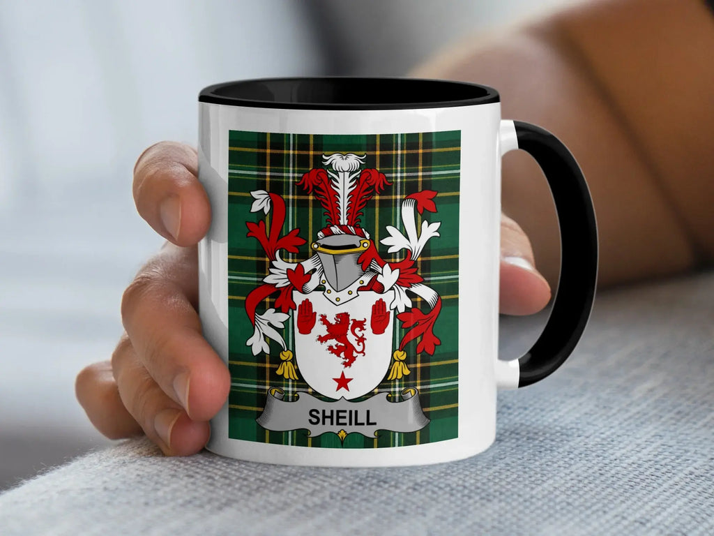 Sheill Irish family crest black accent mug on Irish National Tartan