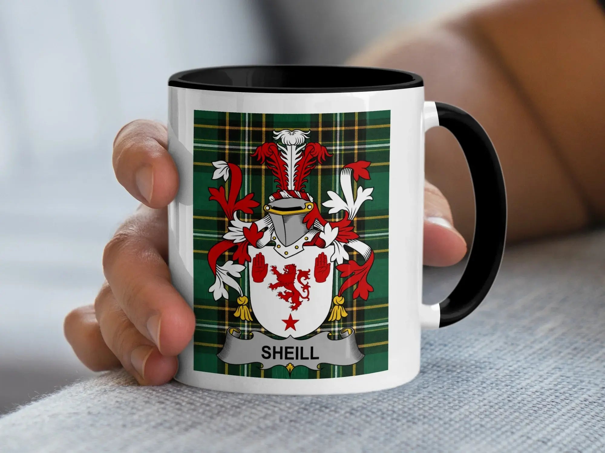 Sheill Irish family crest black accent mug on Irish National Tartan