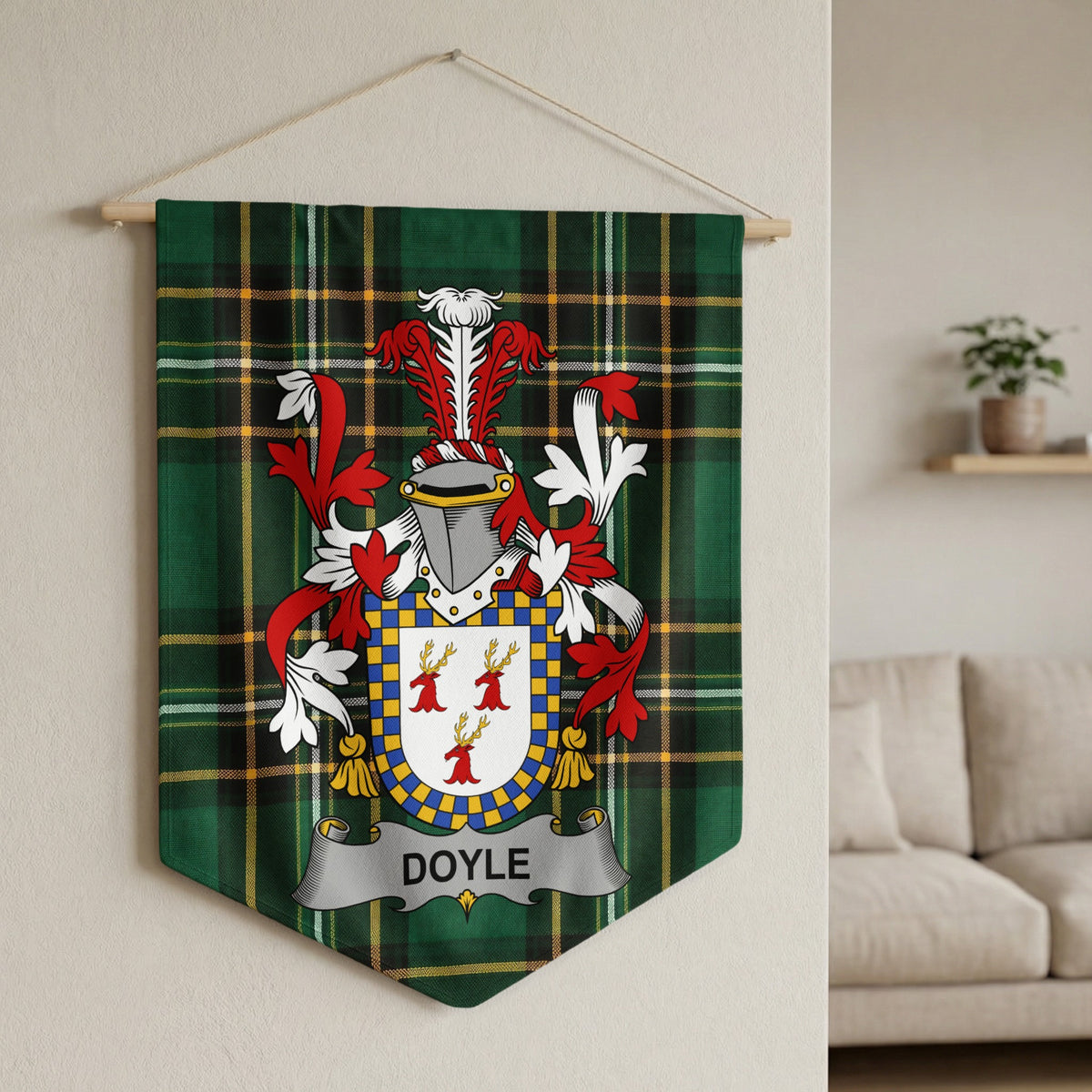 Doyle family crest on green tartan fabric wall hanging.