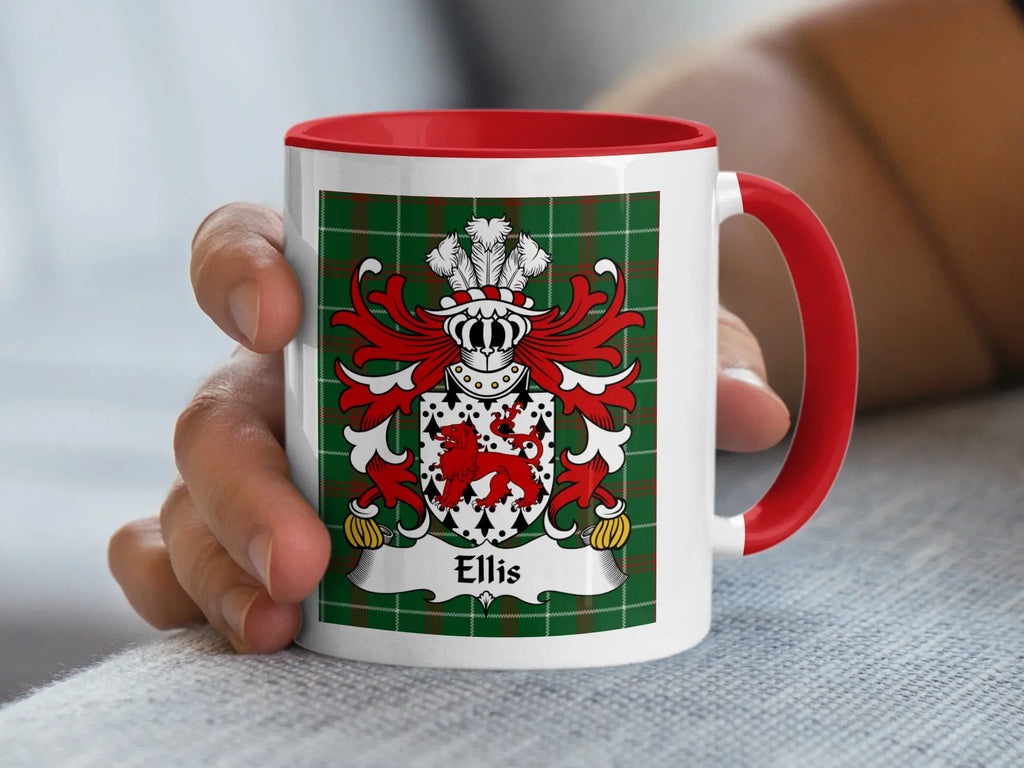 Ellis Welsh tartan accent mug with red handle and family crest on plaid background