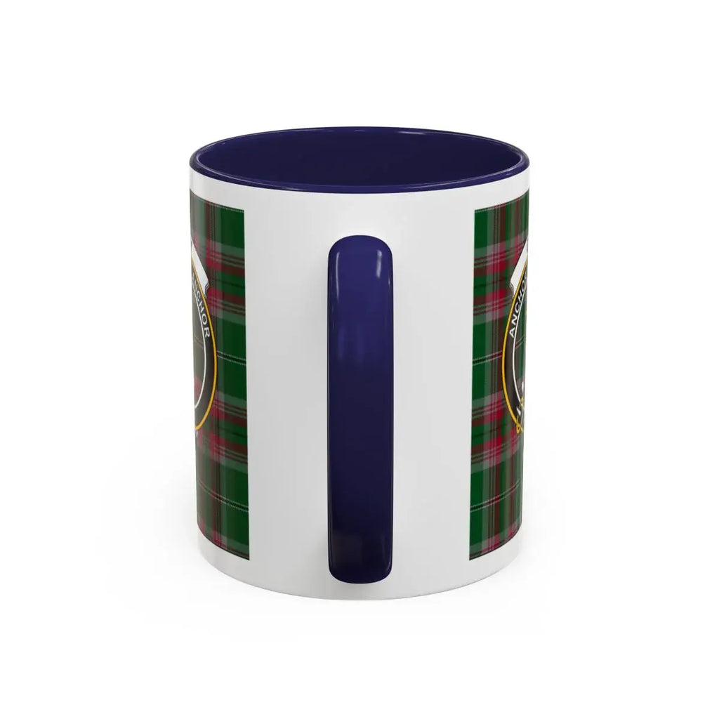 Gray clan crest tartan plaid design white ceramic mug — Anchor Fast Anchor motto visible