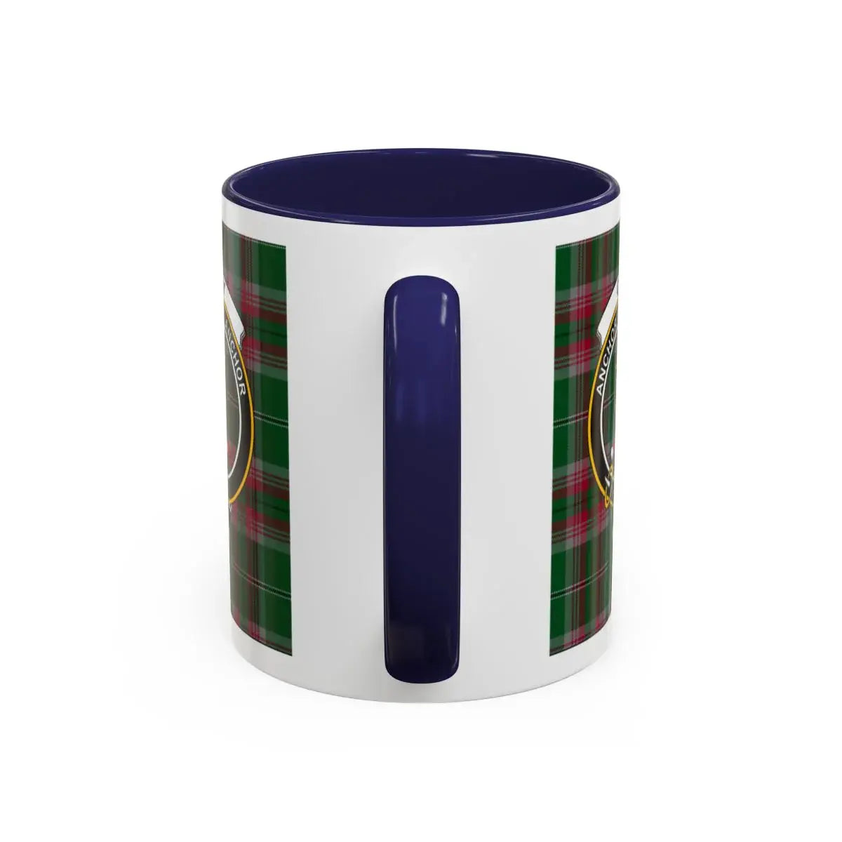 Gray clan crest tartan plaid design white ceramic mug — Anchor Fast Anchor motto visible