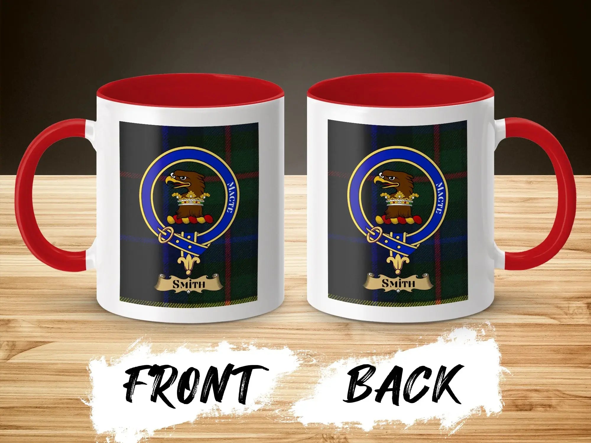 Smith tartan-background crest mug shown as a Scottish heritage gift