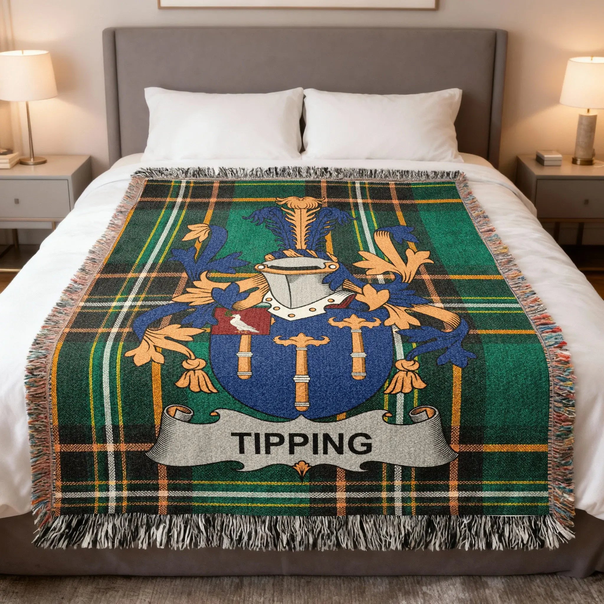 Tartan throw blanket with a coat of arms featuring the name TIPPING.