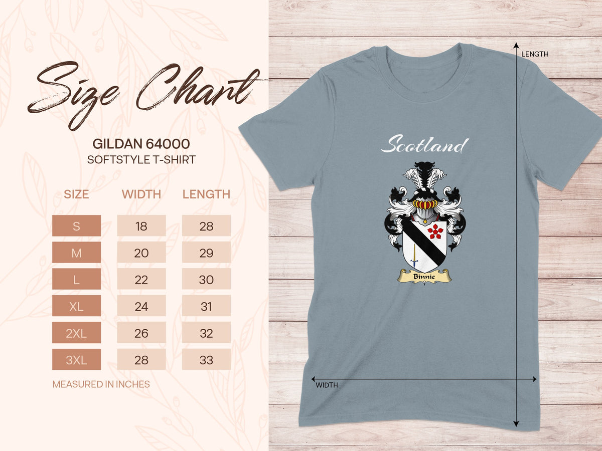 Gildan 64000 size chart for Binnie Scottish family shield T-shirt