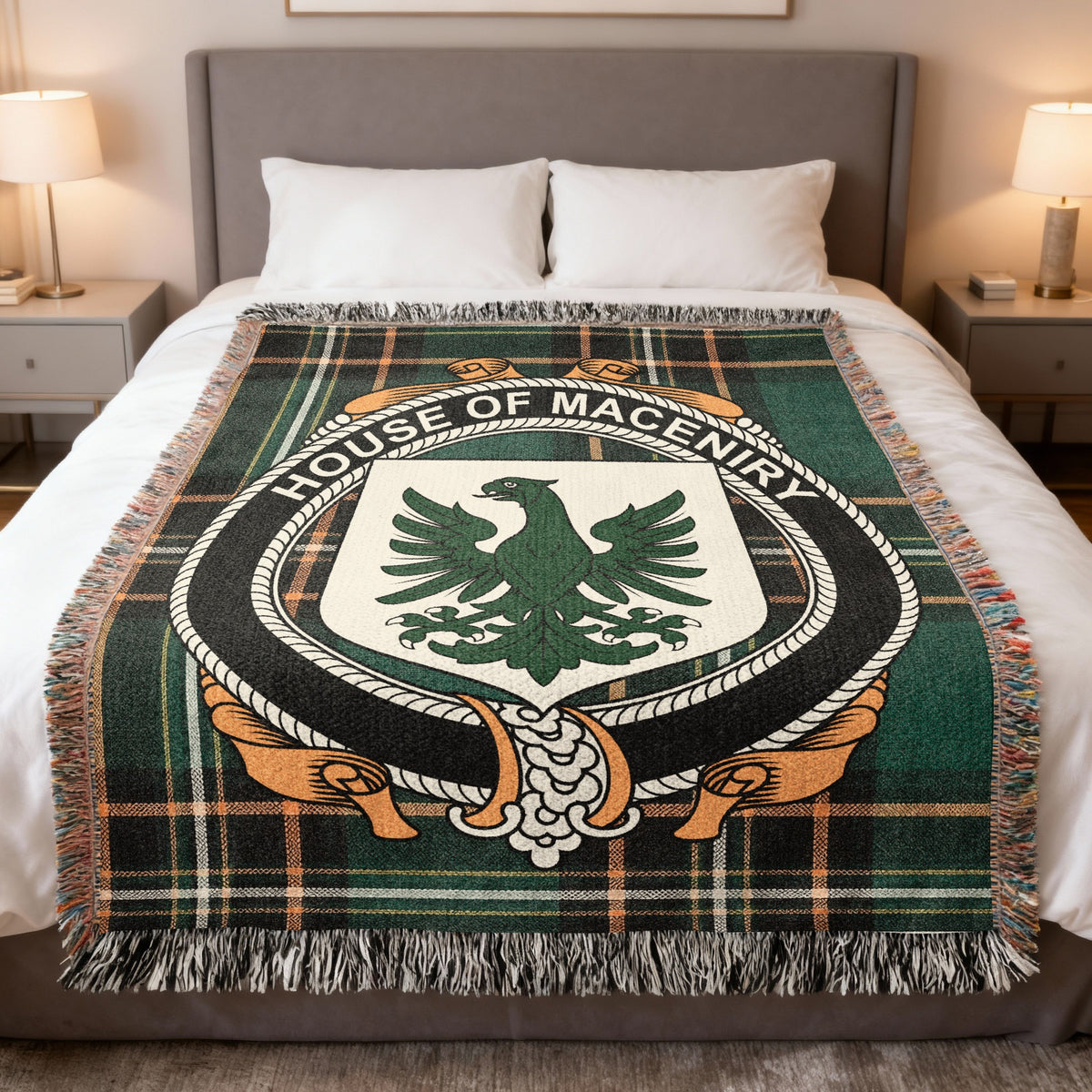 MacEniry Irish National Tartan woven blanket with family crest emblem