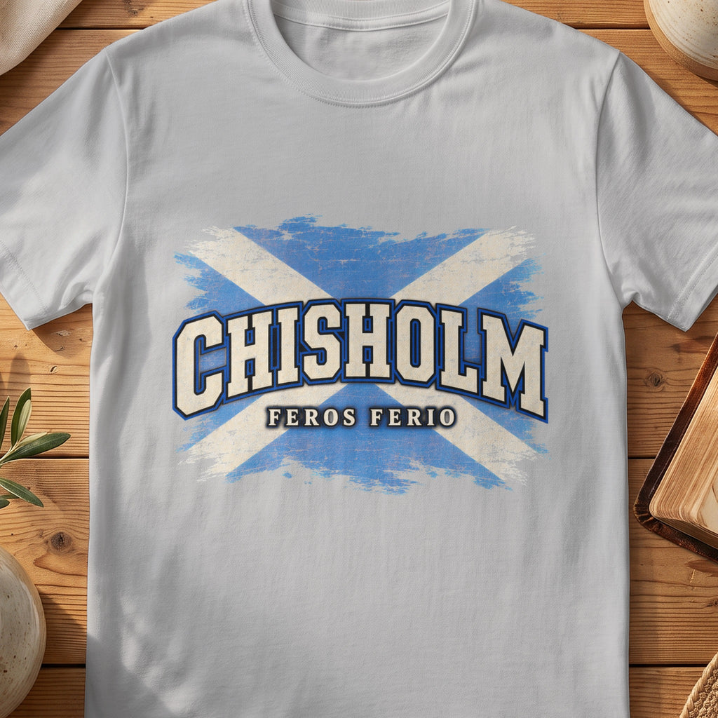 Chisholm Scottish Saltire T-shirt in Sport Grey, with distressed blue and cream flag and “Feros Ferio” lettering.