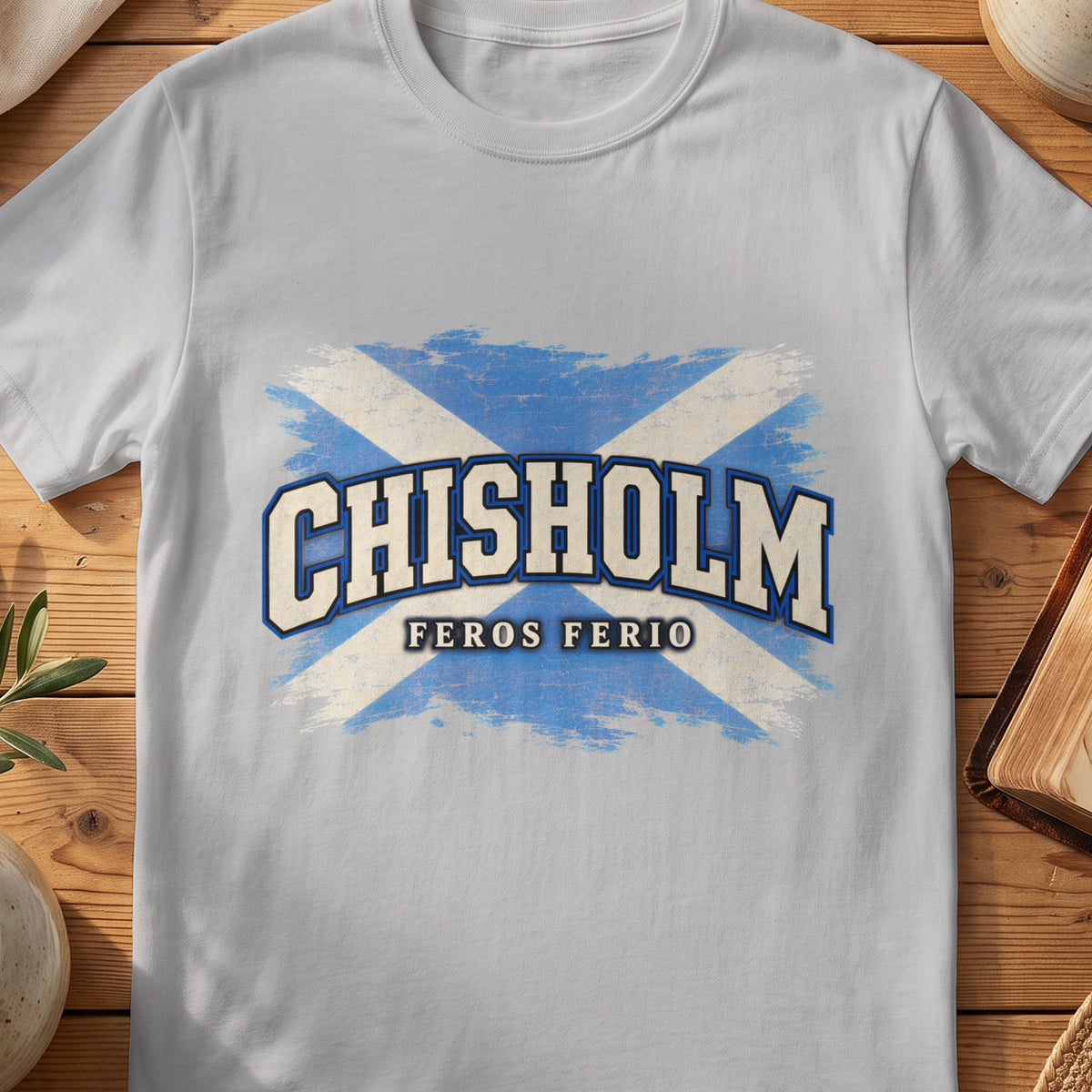 Chisholm Scottish Saltire T-shirt in Sport Grey, with distressed blue and cream flag and “Feros Ferio” lettering.