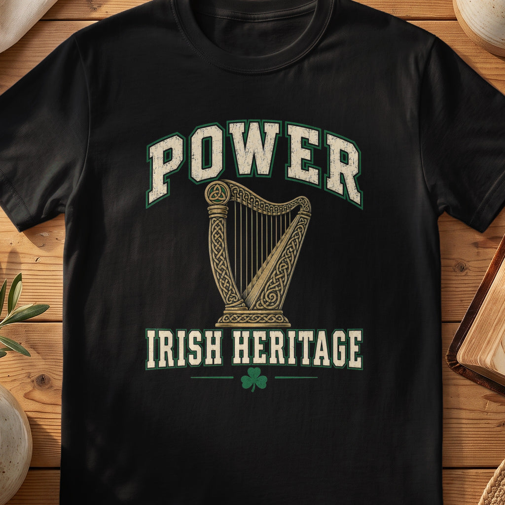 Power Irish Heritage black Gildan 64000 T-shirt with Celtic harp design