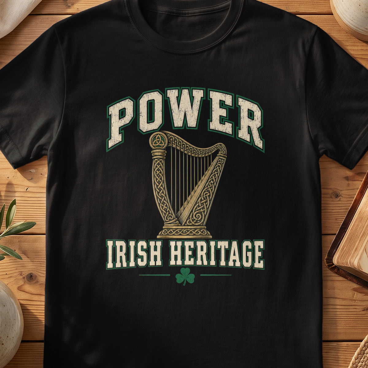 Power Irish Heritage black Gildan 64000 T-shirt with Celtic harp design